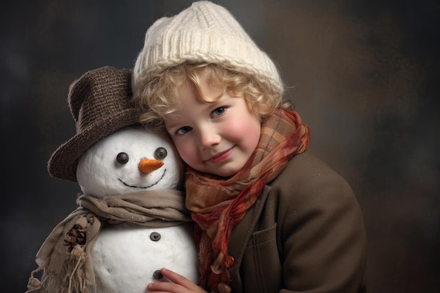 Garota engraçada com boneco de neve