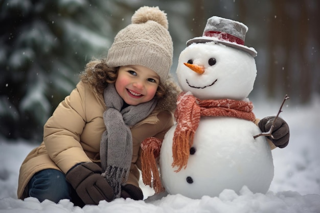 Garota engraçada com boneco de neve