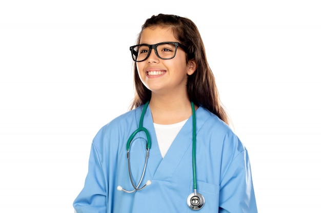 Garota engraçada com uniforme azul médico