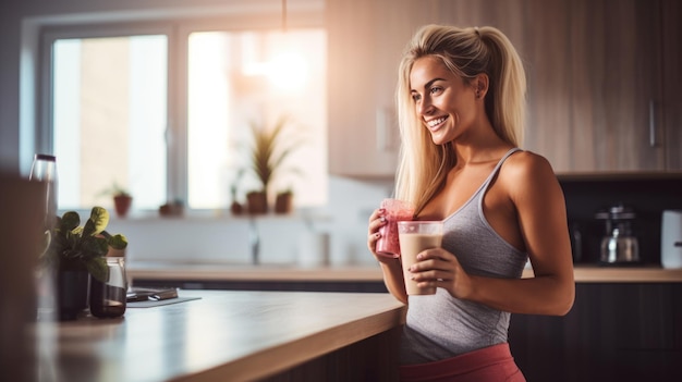 Garota esportiva de dieta fez um smoothie na cozinha