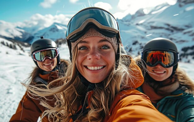 garota esquiadora com amigos com óculos de esqui e capacete de esqui na montanha de neve