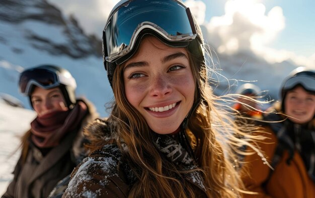 garota esquiadora com amigos com óculos de esqui e capacete de esqui na montanha de neve