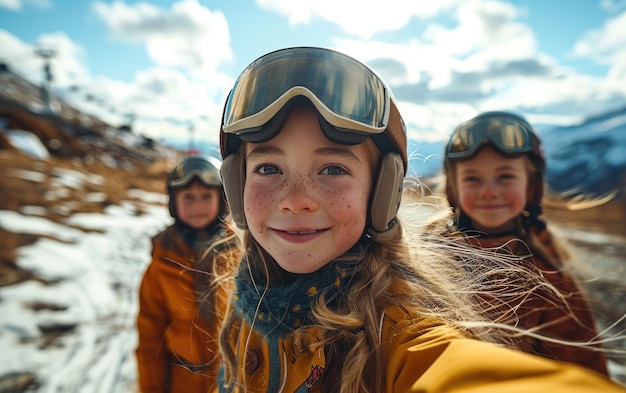 Foto garota esquiadora com amigos com óculos de esqui e capacete de esqui na montanha de neve