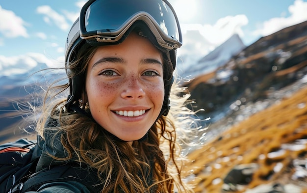 garota esquiadora com óculos de esqui e capacete de esqui na montanha de neve