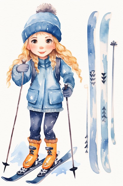 Garota esquiando na neve estilo aquarela gerada por IA