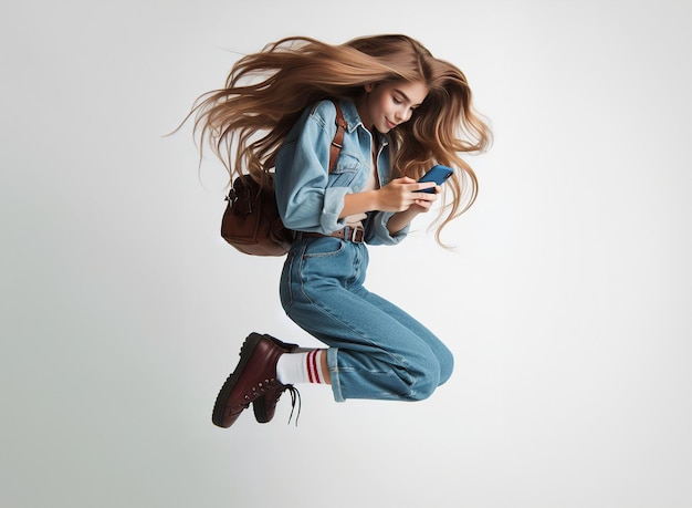 Foto garota estudante com uma mochila e telefone pulando no ar sorriso namoro online cabelo ondulado estilo denim