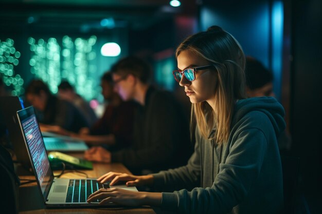 Garota explorando o mundo digital programando em um laptop Generative Ai