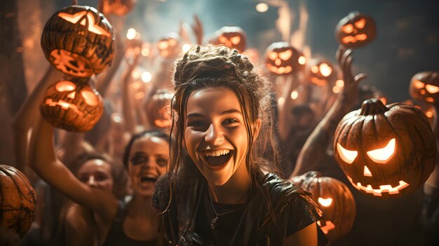 Garota fantasiada de vampiro em uma festa comemorando o Halloween com pessoas ao fundo e Jack O Lantern Abóboras de Halloween Horror adolescente e festa à fantasia de halloween