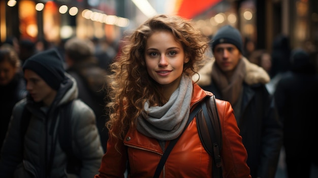 Garota feliz andando com sacola de compras na rua