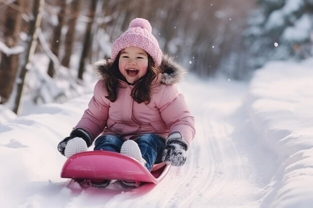 Garota feliz andando de trenó ao ar livre em um dia claro de inverno Generative AI