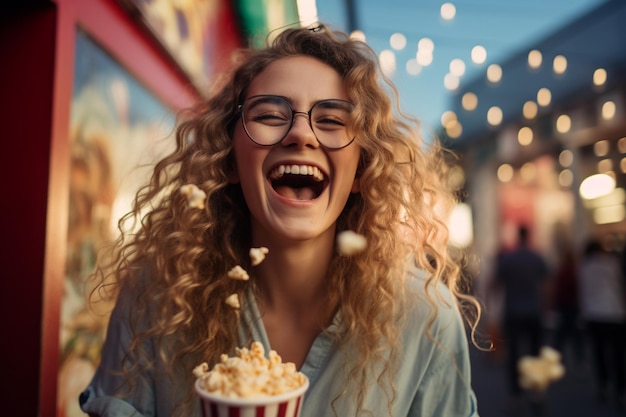 Garota feliz com balde de pipoca na festa à noite