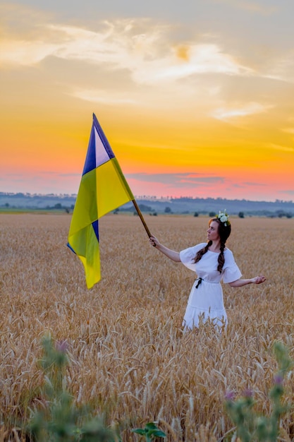 Garota feliz na camisa nacional ucraniana bordada com coroa na cabeça segura grande bandeira amarela azul contra o fundo de espigas de campo de trigo Glória do Dia da Independência à Ucrânia Patriotismo