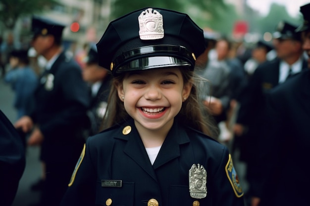 Garota feliz na fantasia de policial com IA generativa