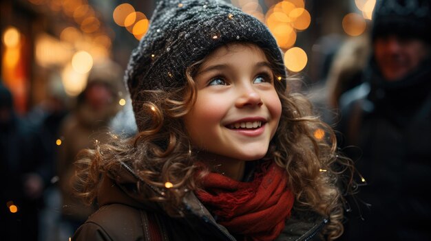 Garota feliz na rua sob o feitiço do Natal