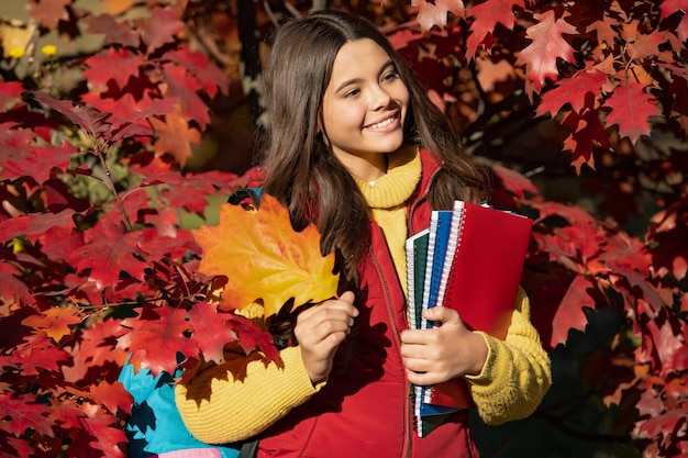 Garota feliz segura a pasta de trabalho no fundo das folhas de outono de volta à escola