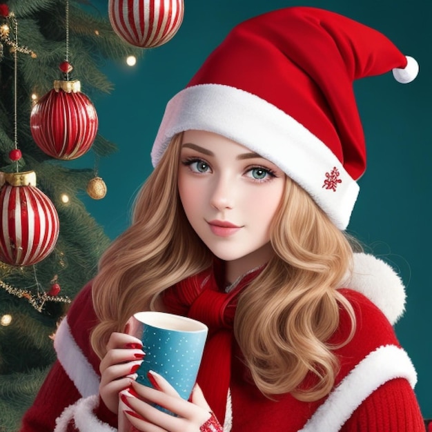 Garota festiva com chapéu de Papai Noel segurando uma xícara