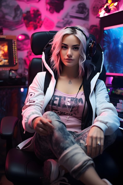 Garota Gamer em Tema Cute Cyberpunk Cabelo Rosa Luzes Neon