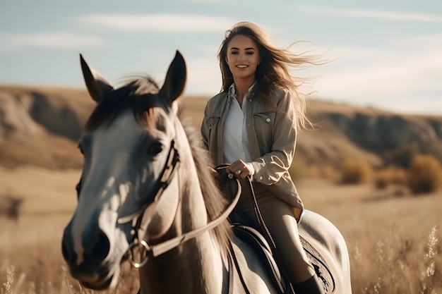 Garota gostando de andar a cavalo no campo