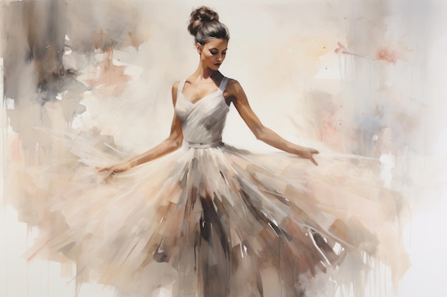 garota graciosa em um vestido de balé desenhado em aquarela