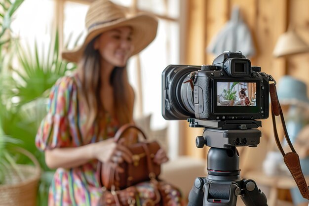 Foto garota gravando um blog de moda