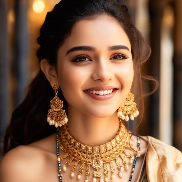 Garota gregária em um saree indiano e joias de ouro