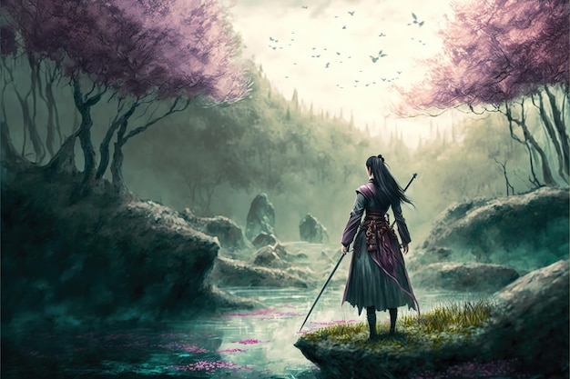 Garota guerreira de fantasia com uma espada perto de uma lagoa