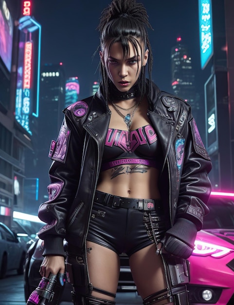 garota guerreira roupas cyberpunk streetwear estética noite neon com carros