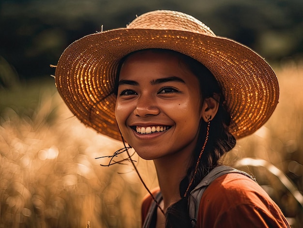 Garota hispano-americana com um chapéu de palha nas plantações de café AI generative