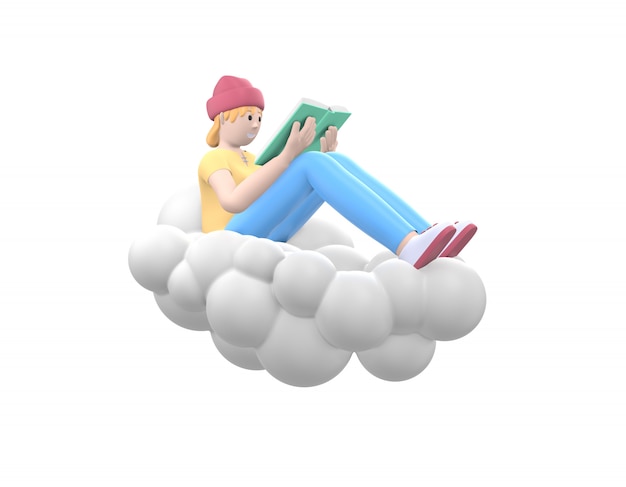 Garota jovem hippie alegre em um chapéu no céu em uma nuvem está lendo um livro