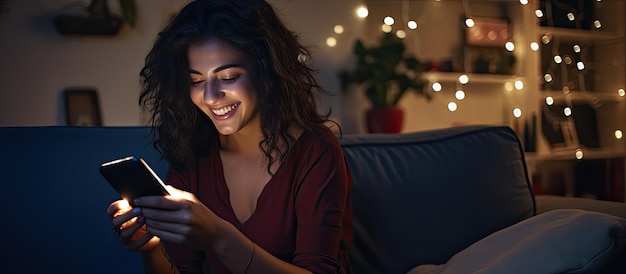 Foto garota latina alegremente usando telefone na sala de estar à noite