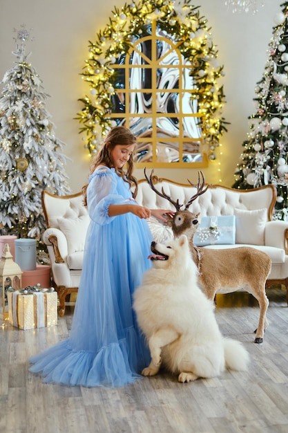 Garota legal em um vestido azul claro com cachorro samoiedo branco e um grande brinquedo de veado, no estúdio nas decorações de ano novo, contra o fundo da árvore de natal