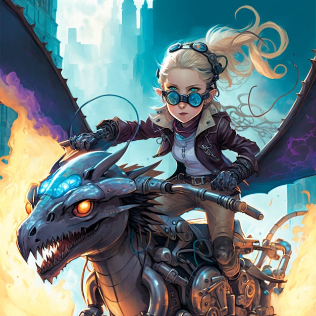 garota loira montando um dragão com óculos de proteção na cabeça generativa ai
