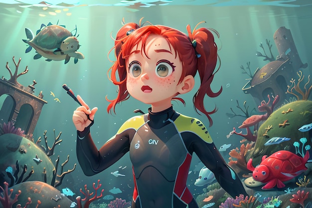 Garota mergulhando sob o mar mundo subaquático colorido peixe coral papel de parede ilustração de fundo