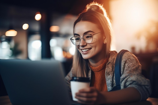 Garota milenar sorridente desfrutando de uma xícara de café em uma cafeteria enquanto trabalhava em seu gene de laptop