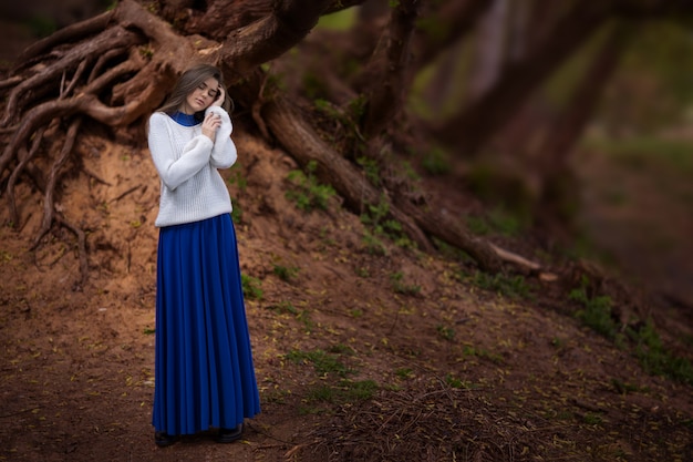 Garota misteriosa em um lindo vestido azul na floresta