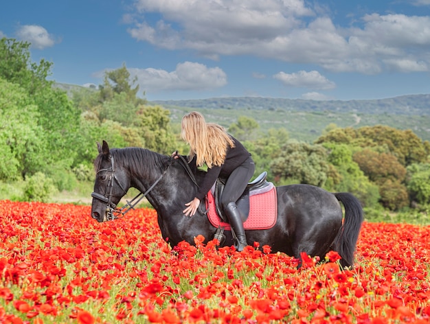 Garota montando está treinando seu cavalo preto