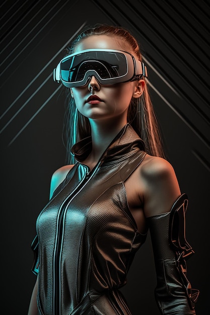 Garota muito bonita em óculos VR vestindo roupas futuristas