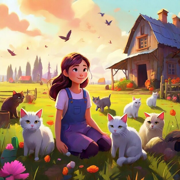 Foto garota na fazenda com gatos ao redor da cena deve seguir o estilo artístico semelhante ao pixar