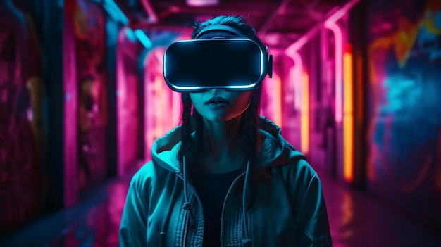 Garota na luz de neon com óculos de virtualidade VRGenerative AI