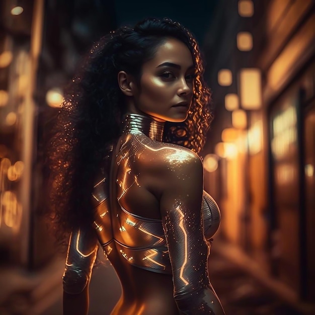 garota negra atraente na rua com pintura de maquiagem de corpo de fantasia com corpo brilhante