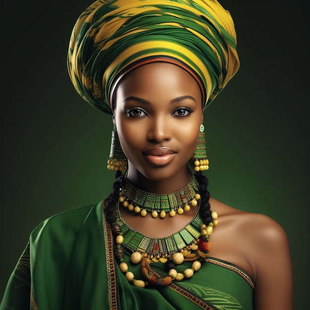 Garota negra com roupa verde de joias tradicionais e turbante comemorando o mês da história negra