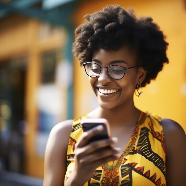 Garota negra de verão sorrindo para smartphone