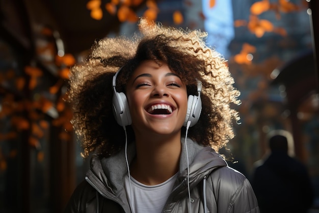 Foto garota negra feliz com fones de ouvido