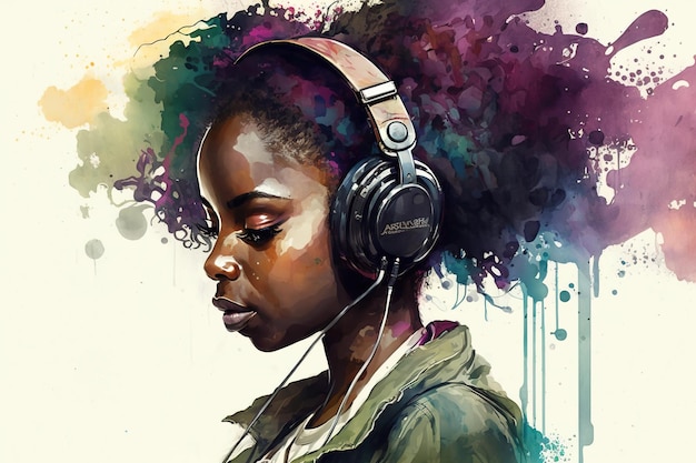 Garota negra ouve música com fones de ouvido retrato de ilustração adolescente AI generativa