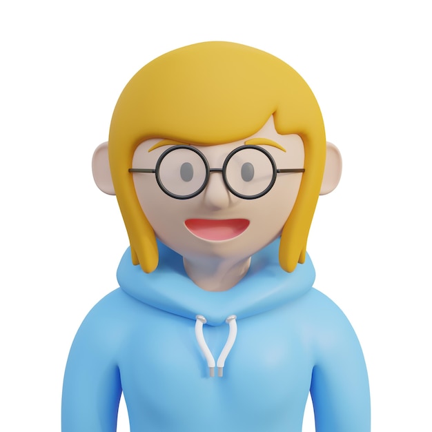 Garota nerd de avatar feminino de renderização 3D com suéter azul-petróleo e óculos