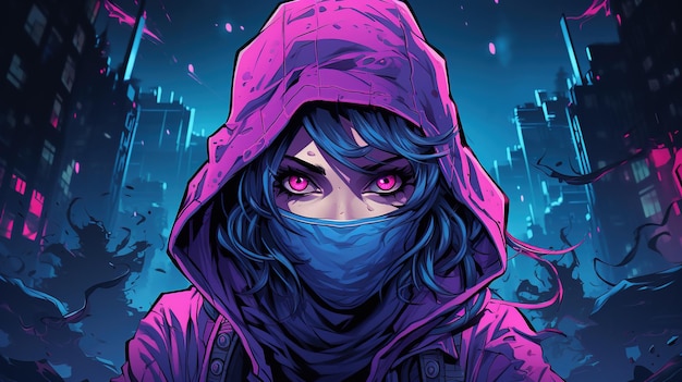 Garota ninja cyberpunk com olhos rosa e cabelo azul vestida com um capuz rosa Conceito de fantasia Ilustração pintura