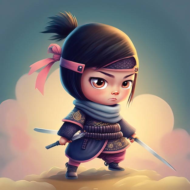 Garota ninja dos desenhos animados Uma linda garota ninja japonesa Arte conceitual Pintura digital Ilustração de fantasia