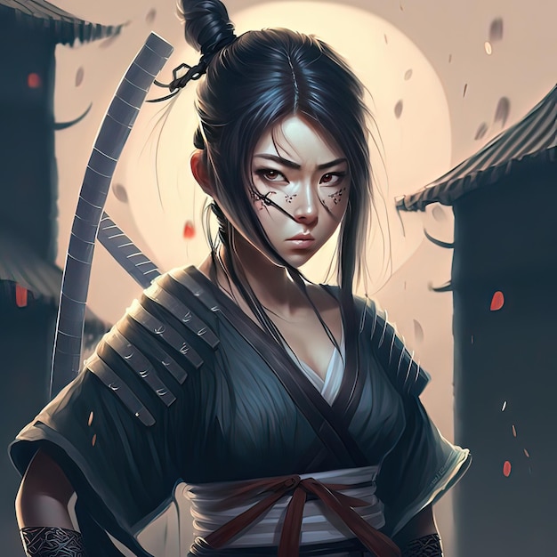 Garota ninja dos desenhos animados Uma linda garota ninja japonesa Arte conceitual Pintura digital Ilustração de fantasia