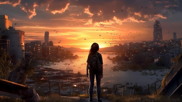 Foto garota olhando para o mundo futurista da cidade e o pôr do sol ilustração generative ai