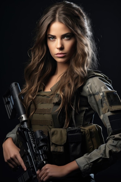 Garota patriota israelense em uniforme militar com uma arma